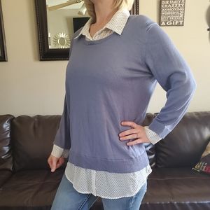 Blue sweater with silky collar, cuffs and bottom